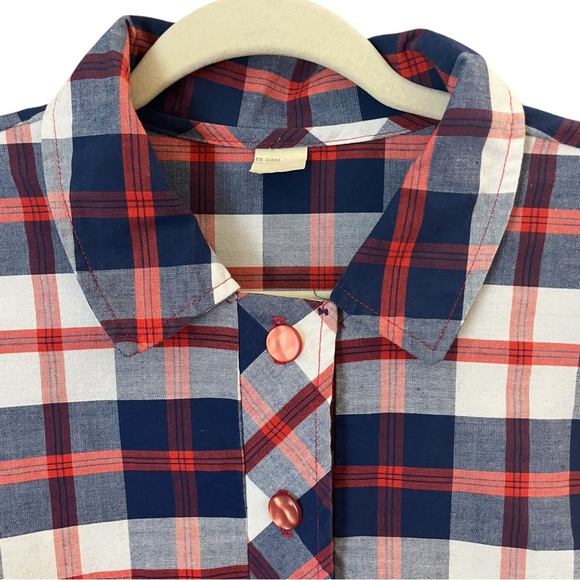 Vintage 60’s Blue Orange Plaid Sleeveless Button Down Shift House Dress - Picture 3 of 11